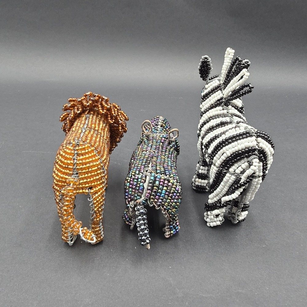 African Wire Bead Animal Figurines Set Lion Zebra Hippo Safari Folk Art 3pc - Picture 10 of 12